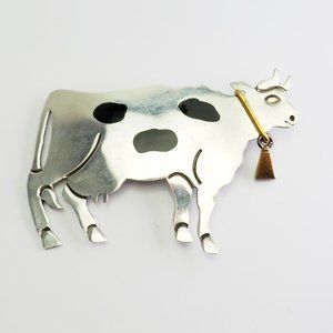 Cow with bell funky sterling silver animal pin